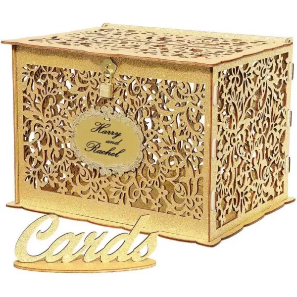 OurWarm Glittery Gold Wedding Card Box with Lock Wood Gift Card Box for Wedding Reception Wedding Money Envelope Card Box Holder for Party Graduation Birthday Baby Shower DecorationsGold