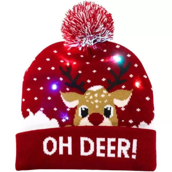 OurWarm LED Christmas Hat Light Up Christmas Hat Unisex Knitted Beanie Holiday Hat with Deer Printing for Party RedBlue1red