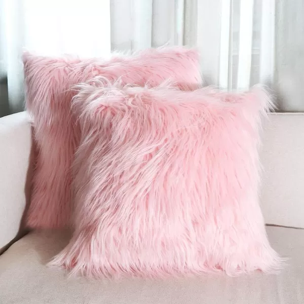 OurWarm Set of 2 White Fur Throw Pillows Fluffy Pillow Covers 18x18 Faux Fur Pillow Covers Luxury Series Merino Style Decorative Pillows Case for Living Room Couch Bedroom Car Home DecorPink 1818 inches