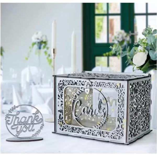 OurWarm Silver Wedding Card Box for Wedding Reception Wooden Card Boxes with Light Gift Card Box Money Holder with Lock for Reception Anniversary Shower Rustic Wedding Decorations Birthday GraduationSilver