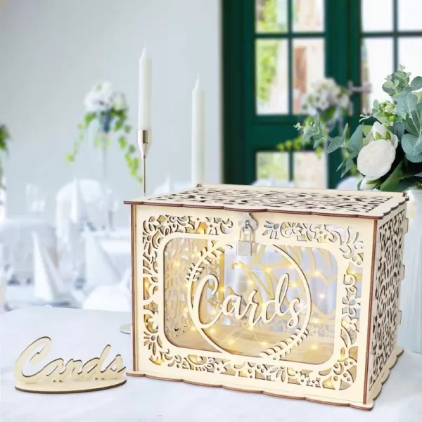 OurWarm Silver Wedding Card Box for Wedding Reception Wooden Card Boxes with Light Gift Card Box Money Holder with Lock for Reception Anniversary Shower Rustic Wedding Decorations Birthday GraduationRustic