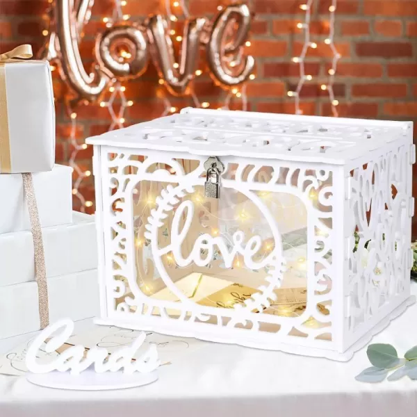 OurWarm White Wedding Card Box with Lock PVC Gift Card Box for Wedding Reception Eucalyptus DIY Wedding Envelope Money Card Box for Party Graduation Birthday Baby Shower Decorationshollow with String Light