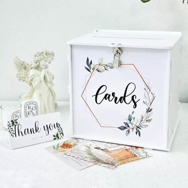 OurWarm White Wedding Card Box with Lock PVC Gift Card Box for Wedding Reception Eucalyptus DIY Wedding Envelope Money Card Box for Party Graduation Birthday Baby Shower DecorationsWhite Print