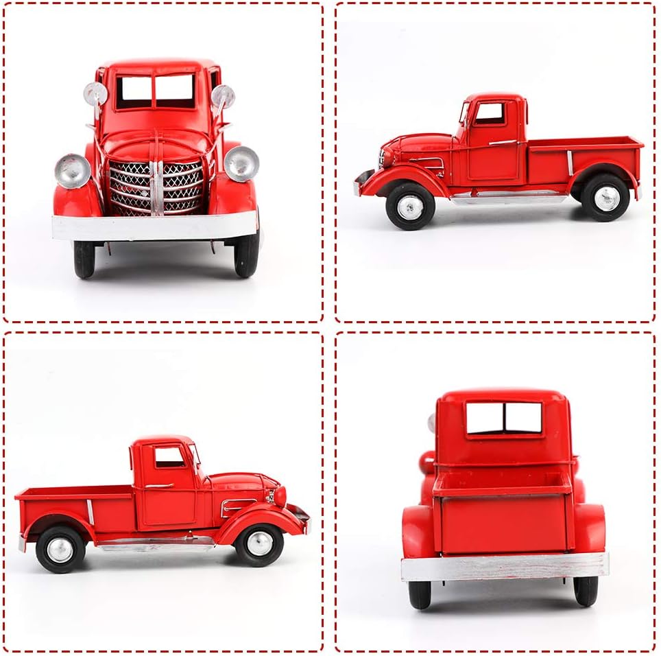 OurWarm Christmas Vintage Red Truck with 2pcs Mini Christmas Trees Ornaments Upgraded Old Red Metal Pickup Truck Car Model for Christmas Decorations Table Top DecorRed