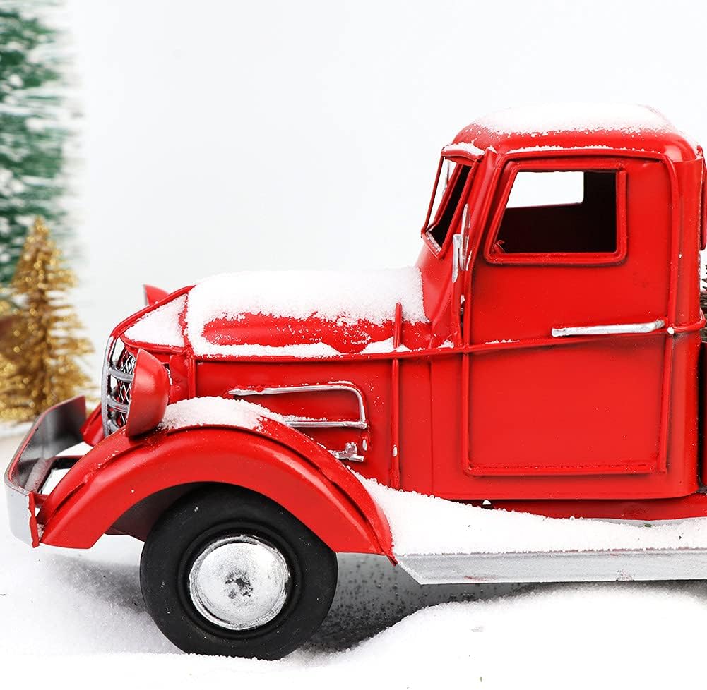 OurWarm Christmas Vintage Red Truck with 2pcs Mini Christmas Trees Ornaments Upgraded Old Red Metal Pickup Truck Car Model for Christmas Decorations Table Top DecorRed