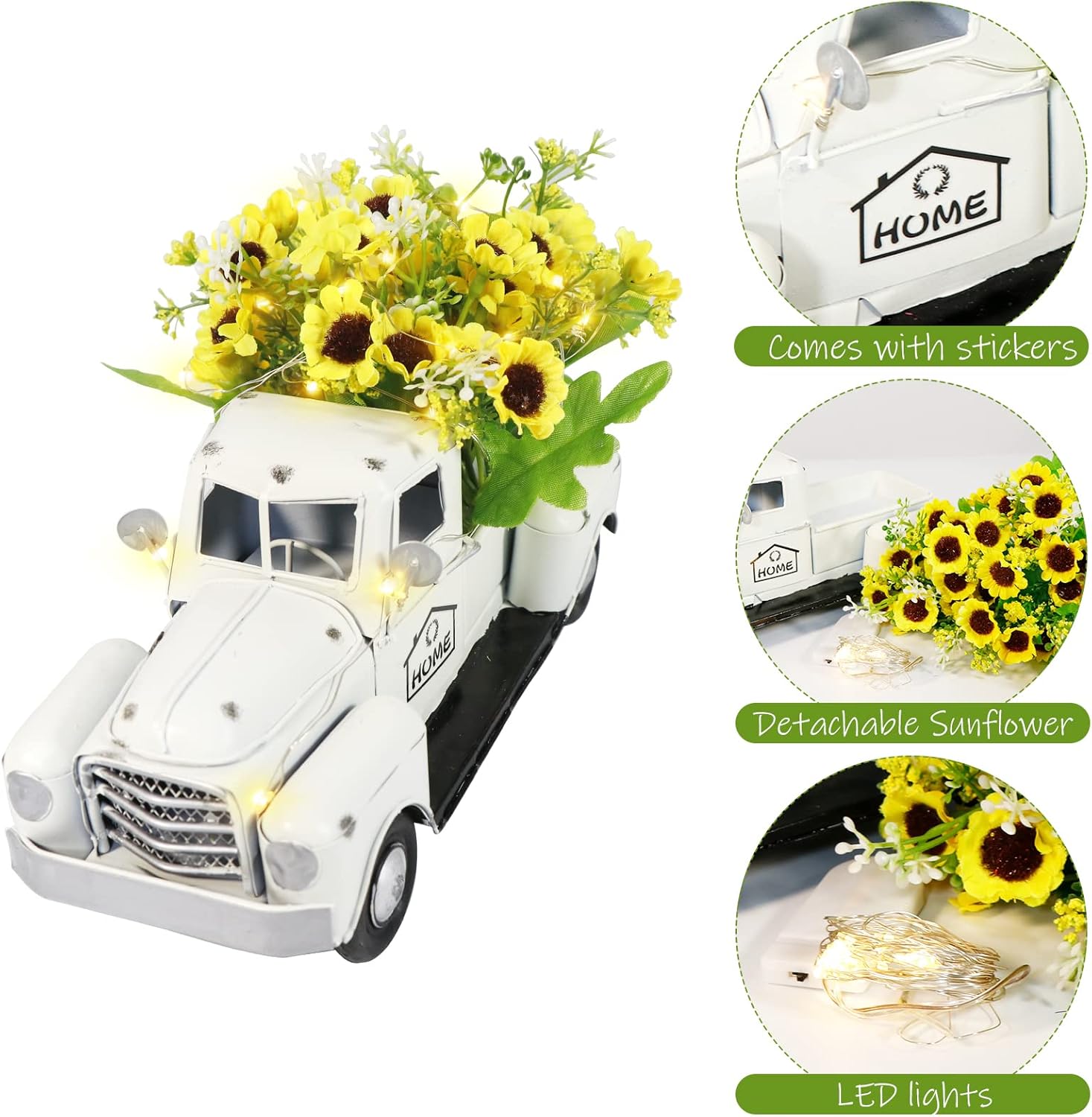OurWarm Vintage White Truck Decor with Sunflowers Artificial Flowers Farmhouse Table Decor LED String Lights Metal Truck Sunflower Decor for Home Rustic Farmhouse Tiered Tray Decor Table Top Decor1white