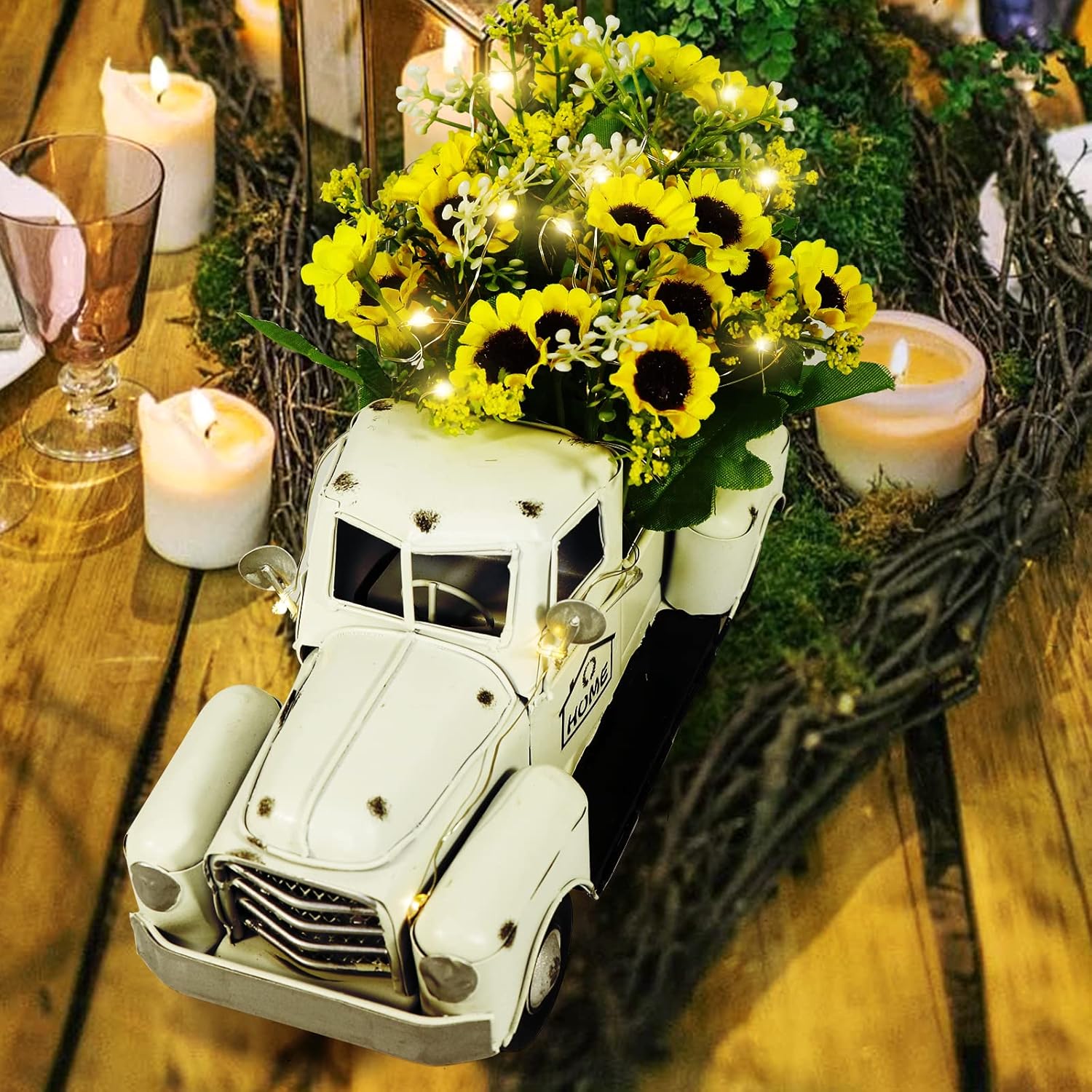 OurWarm Vintage White Truck Decor with Sunflowers Artificial Flowers Farmhouse Table Decor LED String Lights Metal Truck Sunflower Decor for Home Rustic Farmhouse Tiered Tray Decor Table Top Decor1white