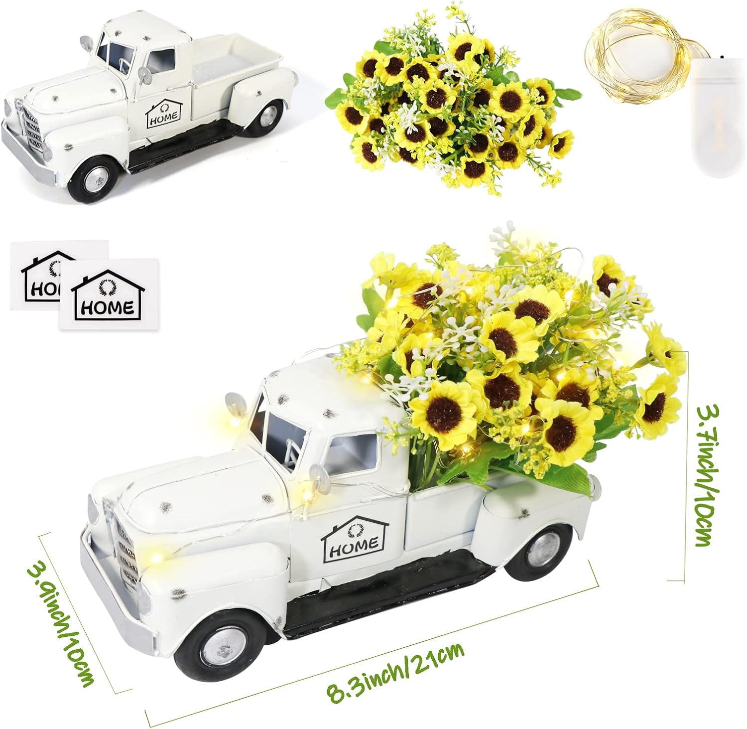 OurWarm Vintage White Truck Decor with Sunflowers Artificial Flowers Farmhouse Table Decor LED String Lights Metal Truck Sunflower Decor for Home Rustic Farmhouse Tiered Tray Decor Table Top Decor1white