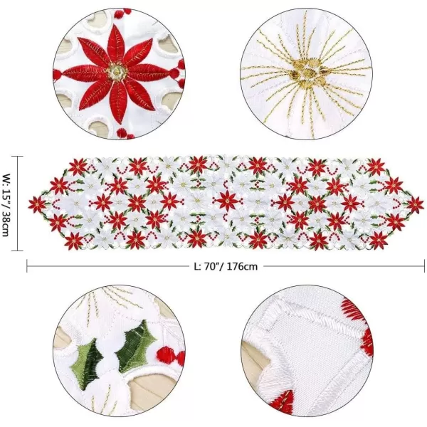 OurWarm 15 x 70 Inch Embroidered Christmas Table Runner Red Table Linens for Christmas Decorations Luxury Holly Poinsettia Table Runner for Dining Kitchen ampamp Dining TableEmbroidered Table Runner