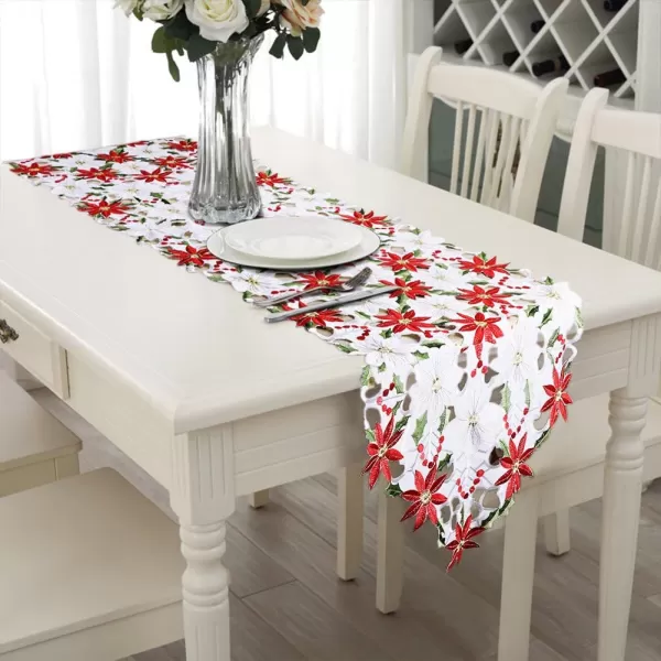 OurWarm 15 x 70 Inch Embroidered Christmas Table Runner Red Table Linens for Christmas Decorations Luxury Holly Poinsettia Table Runner for Dining Kitchen ampamp Dining TableEmbroidered Table Runner