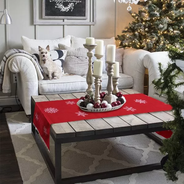 OurWarm 15 x 70 Inch Embroidered Christmas Table Runner Red Table Linens for Christmas Decorations Luxury Holly Poinsettia Table Runner for Dining Kitchen ampamp Dining TableRed Table Runner