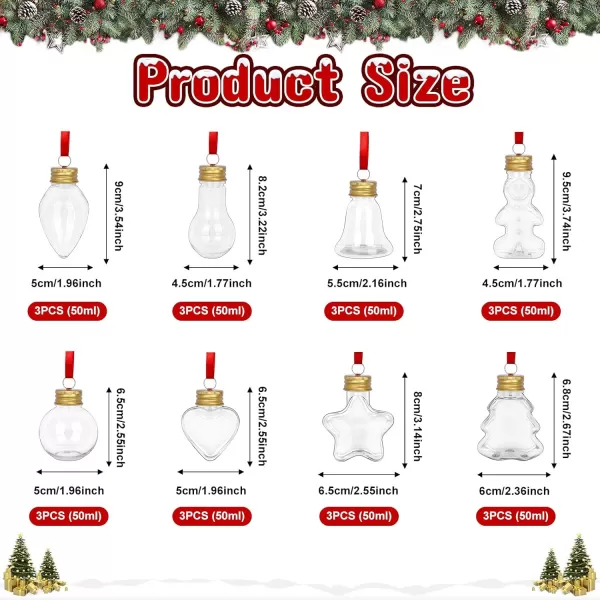 OurWarm 24PCS Booze Balls Christmas Ornaments 8 Styles Plastic Clear Christmas Booze Balls with Empty Ornaments to Fill Hanging Ornament Drinking Bulbs with Red Ribbon Stickers for Xmas Party Decor
