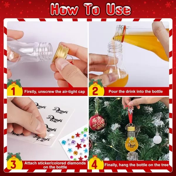 OurWarm 24PCS Booze Balls Christmas Ornaments 8 Styles Plastic Clear Christmas Booze Balls with Empty Ornaments to Fill Hanging Ornament Drinking Bulbs with Red Ribbon Stickers for Xmas Party Decor