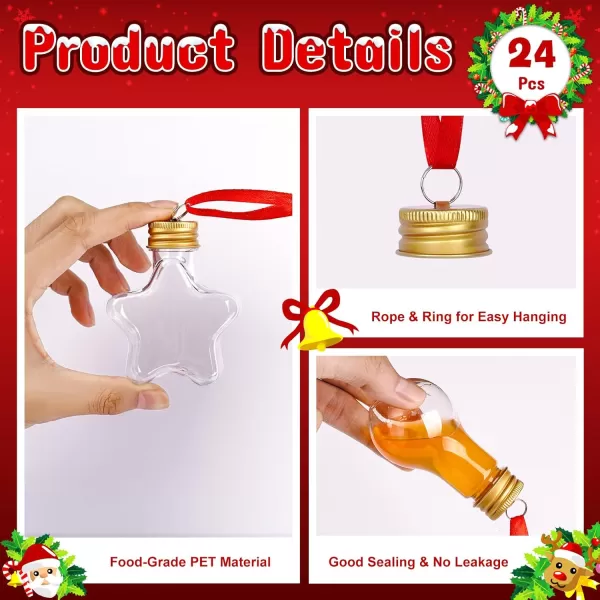 OurWarm 24PCS Booze Balls Christmas Ornaments 8 Styles Plastic Clear Christmas Booze Balls with Empty Ornaments to Fill Hanging Ornament Drinking Bulbs with Red Ribbon Stickers for Xmas Party Decor