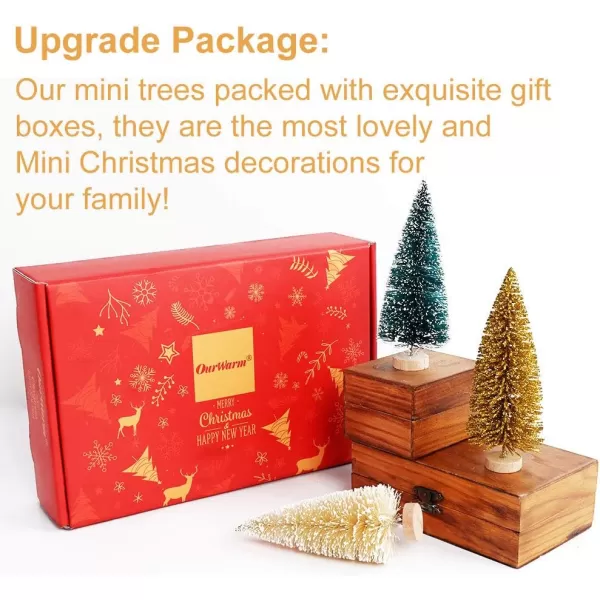 OurWarm 24Pcs Artificial Frosted Sisal Christmas Tree Bottle Brush Trees with Wood Base DIY Crafts Mini Pine Tree for Christmas Home Table Top Decor Winter Ornaments Green Gold and Ivory
