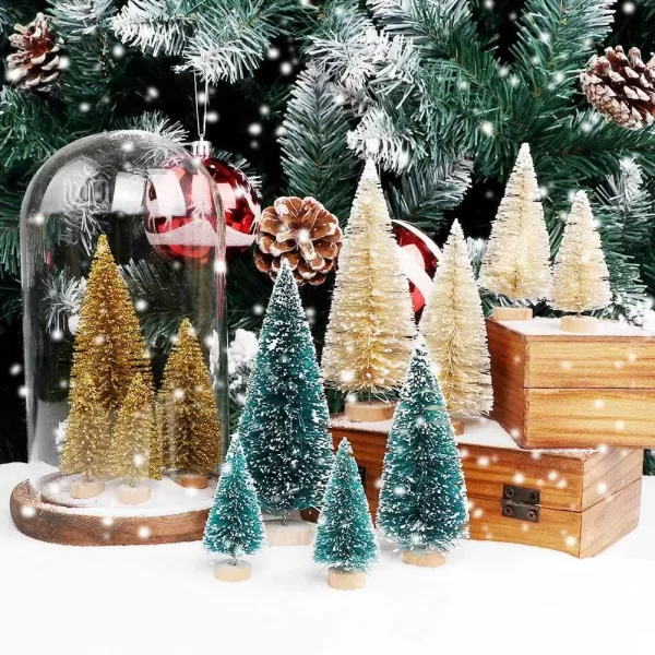 OurWarm 24Pcs Artificial Frosted Sisal Christmas Tree Bottle Brush Trees with Wood Base DIY Crafts Mini Pine Tree for Christmas Home Table Top Decor Winter Ornaments Green Gold and Ivory