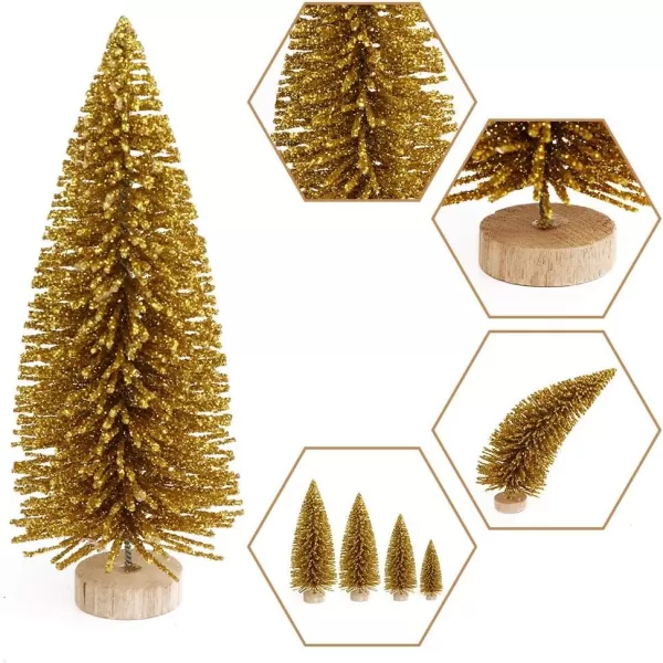 OurWarm 24Pcs Artificial Frosted Sisal Christmas Tree Bottle Brush Trees with Wood Base DIY Crafts Mini Pine Tree for Christmas Home Table Top Decor Winter Ornaments Green Gold and Ivory