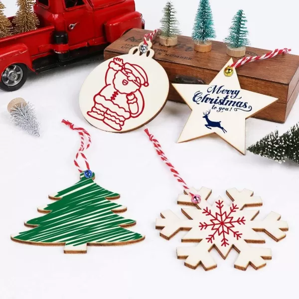 OurWarm 40PCS Wooden Christmas Ornaments Unfinished Wood Slices with Holes Christmas Crafts DIY Centerpieces Wooden Ornaments to Paint Hanging Decorations Perfect Christmas Gifts for Kids 4 Styles