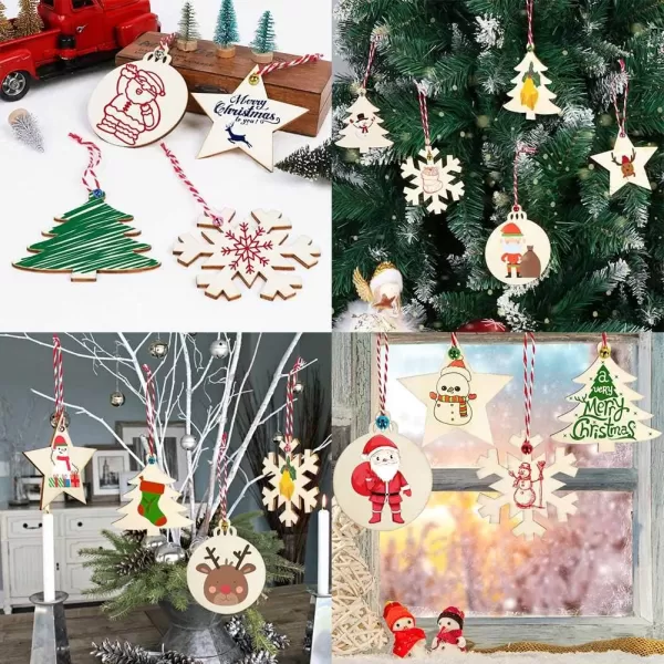 OurWarm 40PCS Wooden Christmas Ornaments Unfinished Wood Slices with Holes Christmas Crafts DIY Centerpieces Wooden Ornaments to Paint Hanging Decorations Perfect Christmas Gifts for Kids 4 Styles