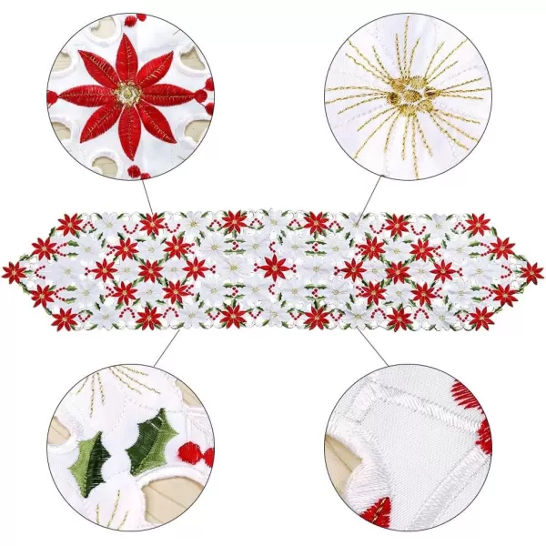 OurWarm Christmas Embroidered Table Runners Poinsettia Holly Leaf Table Linens for Christmas Decorations 15 x 70 Inch