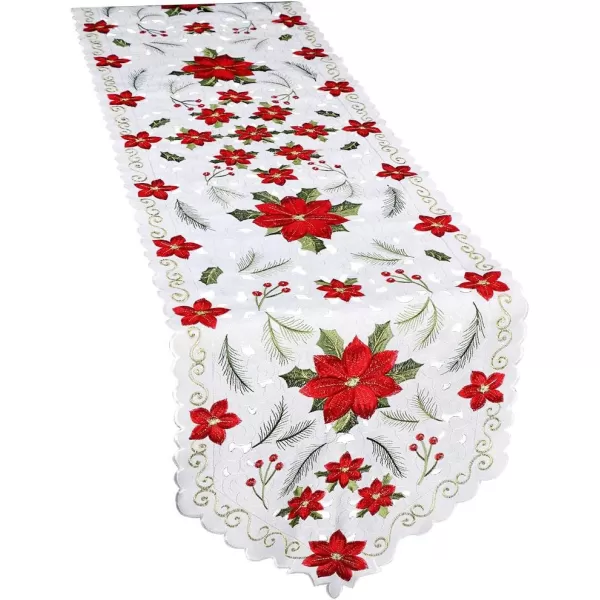 OurWarm Christmas Embroidered Table Runners Poinsettia Holly Leaf Table Runner for Holiday Christmas Decorations 15 x 70 Inch