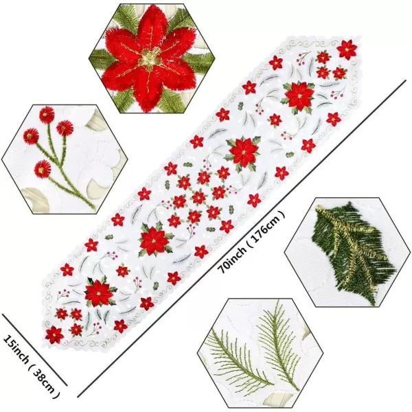 OurWarm Christmas Embroidered Table Runners Poinsettia Holly Leaf Table Runner for Holiday Christmas Decorations 15 x 70 Inch
