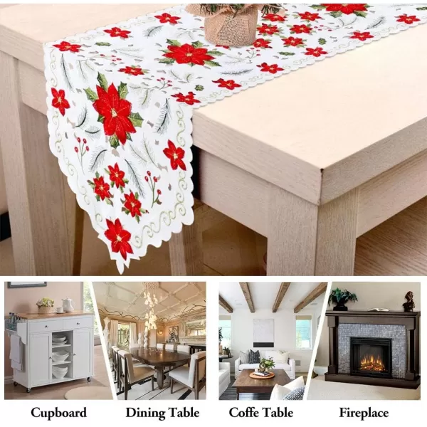 OurWarm Christmas Embroidered Table Runners Poinsettia Holly Leaf Table Runner for Holiday Christmas Decorations 15 x 70 Inch