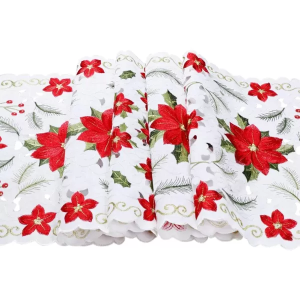 OurWarm Christmas Embroidered Table Runners Poinsettia Holly Leaf Table Runner for Holiday Christmas Decorations 15 x 70 Inch