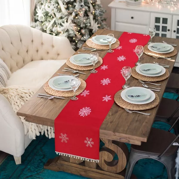 OurWarm Christmas Table Runner 16 x 72 Inch Red Table Runner with White Snowflake Pattern Embroidered Table Linens for Winter Holiday Christmas Table Decorations