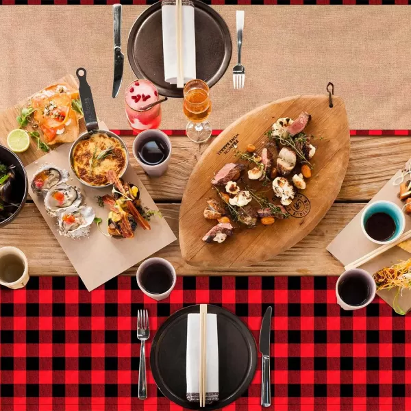 OurWarm Christmas Table Runner Cotton Burlap Buffalo Check Reversible Waterproof Red Black Plaid Table Runner for Christmas Holiday Table Decorations Birthday Party Supplies 14 x 108 Inch