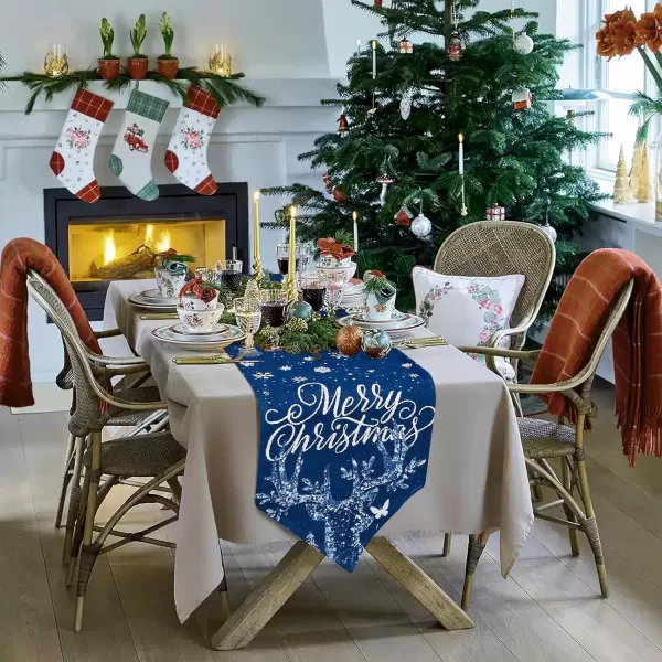 OurWarm Christmas Table Runner Flower Table Runner 72 Inches Long Poinsettia Table Runner for Christmas Dining Table DecorationsBlue