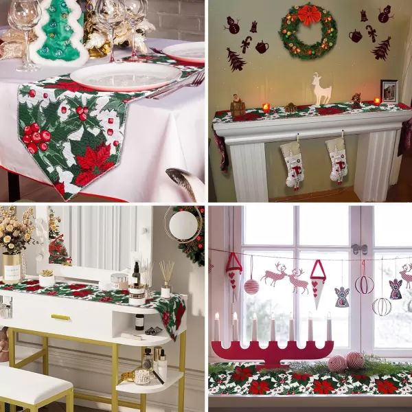 OurWarm Christmas Table Runner Flower Table Runner 72 Inches Long Poinsettia Table Runner for Christmas Dining Table DecorationsRed and Green