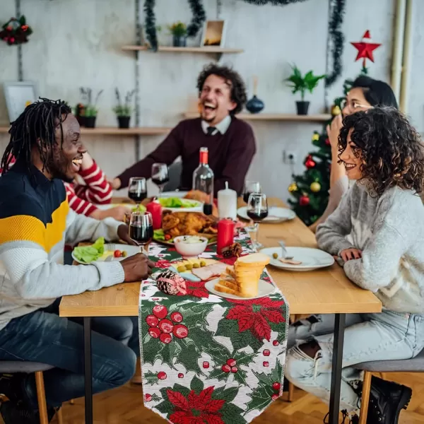 OurWarm Christmas Table Runner Flower Table Runner 72 Inches Long Poinsettia Table Runner for Christmas Dining Table DecorationsRed and Green