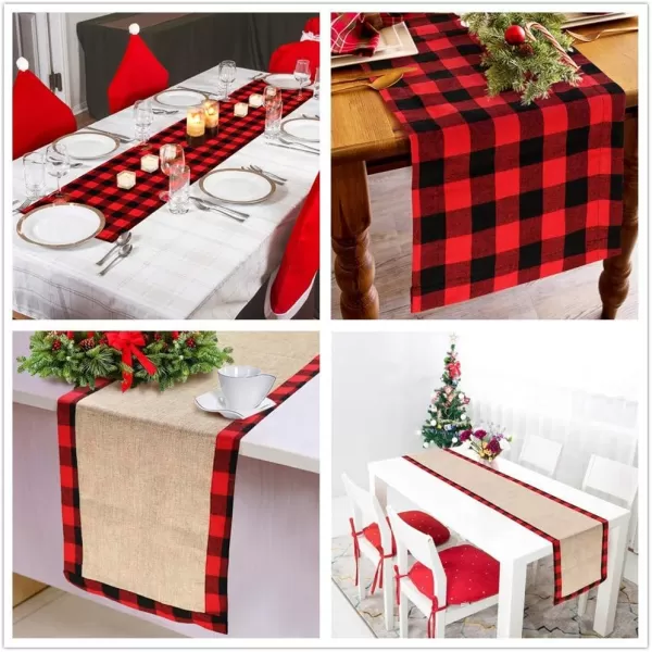 OurWarm Christmas Table Runner Red Black Cotton Buffalo Check Plaid and Burlap Double Sided Table Runner for Holiday Winter Home Decorations 14 x 72 Inch