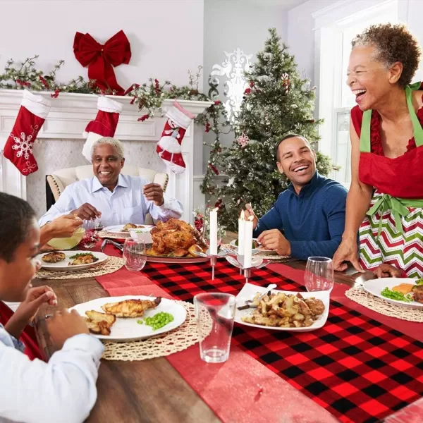 OurWarm Christmas Table Runner Red Black Cotton Buffalo Check Plaid and Burlap Double Sided Table Runner for Holiday Winter Home Decorations 14 x 72 Inch