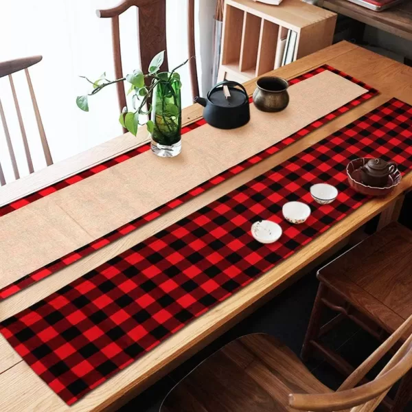 OurWarm Christmas Table Runner Red Black Cotton Buffalo Check Plaid and Burlap Double Sided Table Runner for Holiday Winter Home Decorations 14 x 72 Inch