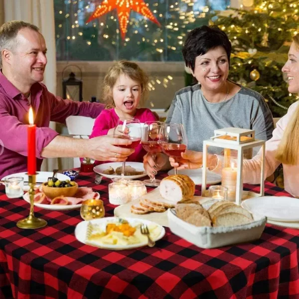 OurWarm Christmas Tablecloth Round Buffalo Plaid Tablecloth 70 x 70 Inches with 100 Cotton Waterproof Red and Black Checkered Tablecloth for Christmas Table Decor