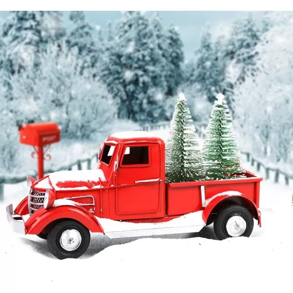OurWarm Christmas Vintage Red Truck with 2pcs Mini Christmas Trees Ornaments Upgraded Old Red Metal Pickup Truck Car Model for Christmas Decorations Table Top DecorRed