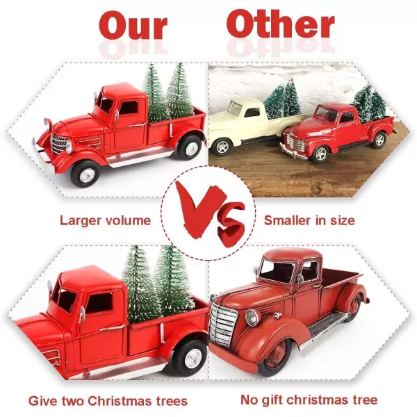 OurWarm Christmas Vintage Red Truck with 2pcs Mini Christmas Trees Ornaments Upgraded Old Red Metal Pickup Truck Car Model for Christmas Decorations Table Top DecorRed