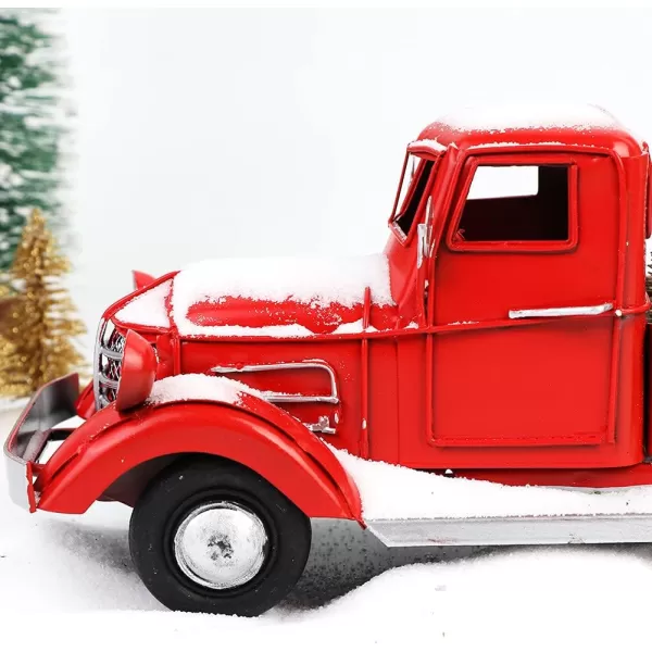 OurWarm Christmas Vintage Red Truck with 2pcs Mini Christmas Trees Ornaments Upgraded Old Red Metal Pickup Truck Car Model for Christmas Decorations Table Top DecorRed