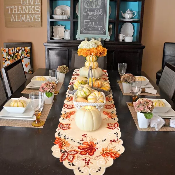 OurWarm Fall Table Runner Maple Leaves Thanksgiving Table Runner 15 x 67 Inch Embroidered Autumn Harvest Table Decor for Fall Thanksgiving Decorations
