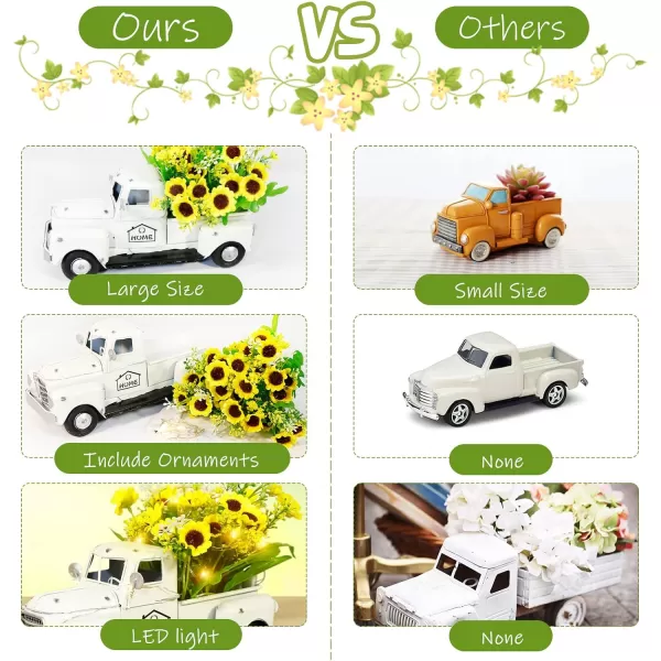 OurWarm Vintage White Truck Decor with Sunflowers Artificial Flowers Farmhouse Table Decor LED String Lights Metal Truck Sunflower Decor for Home Rustic Farmhouse Tiered Tray Decor Table Top Decor1white