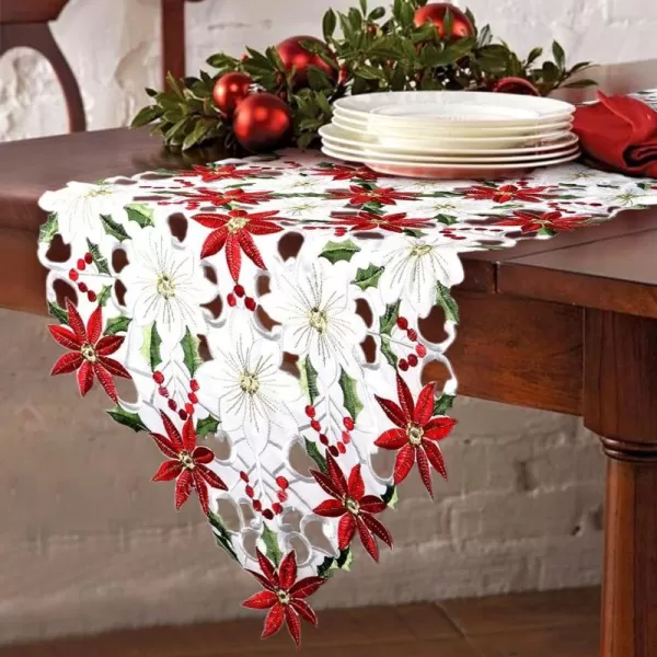 OurWarm 15 x 70 Inch Embroidered Christmas Table Runner Red Table Linens for Christmas Decorations Luxury Holly Poinsettia Table Runner for Dining Kitchen ampamp Dining TableEmbroidered Table Runner