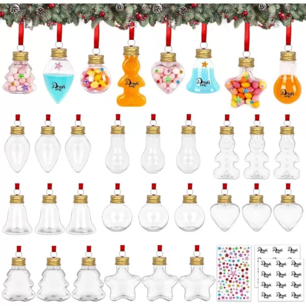 OurWarm 24PCS Booze Balls Christmas Ornaments 8 Styles Plastic Clear Christmas Booze Balls with Empty Ornaments to Fill Hanging Ornament Drinking Bulbs with Red Ribbon Stickers for Xmas Party Decor