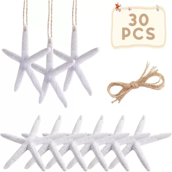 OurWarm 30pcs Resin Pencil White Starfish Decor for Weddings Dried Hanging Starfish Christmas Tree Ornaments with Hemp Rope for Home and Craft Projects 4InchWhite