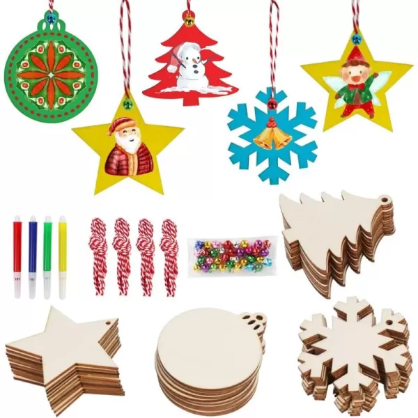 OurWarm 40PCS Wooden Christmas Ornaments Unfinished Wood Slices with Holes Christmas Crafts DIY Centerpieces Wooden Ornaments to Paint Hanging Decorations Perfect Christmas Gifts for Kids 4 Styles