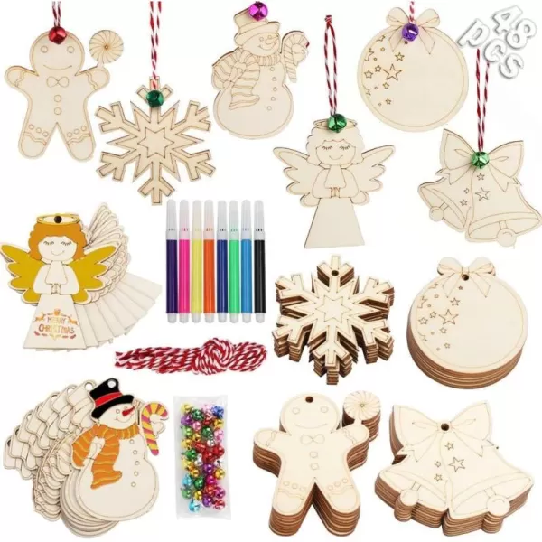 OurWarm 48pcs Wooden Christmas Ornaments Crafts for Kids Unfinished Wood Slices Ornaments DIY Crafts Christmas Ornaments Set for Christmas Tree Ornaments