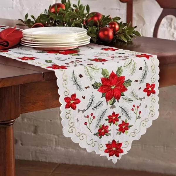 OurWarm Christmas Embroidered Table Runners Poinsettia Holly Leaf Table Runner for Holiday Christmas Decorations 15 x 70 Inch