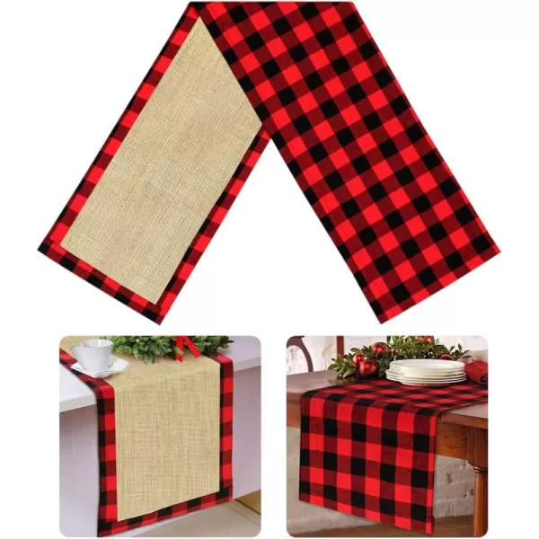 OurWarm Christmas Table Runner Red Black Cotton Buffalo Check Plaid and Burlap Double Sided Table Runner for Holiday Winter Home Decorations 14 x 72 Inch