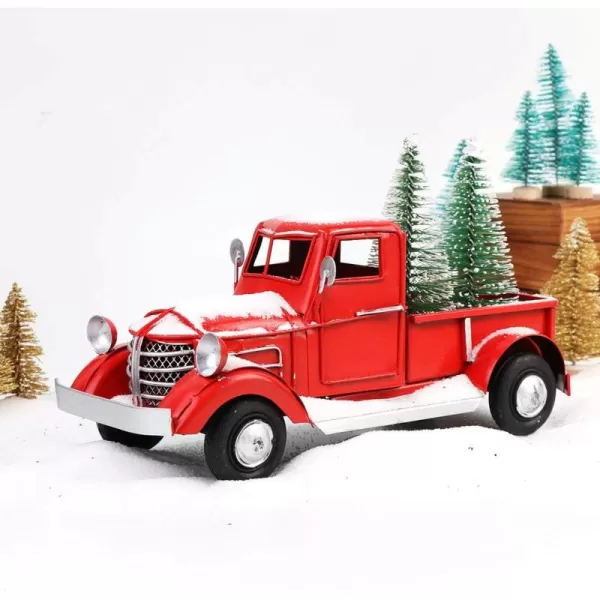OurWarm Christmas Vintage Red Truck with 2pcs Mini Christmas Trees Ornaments Upgraded Old Red Metal Pickup Truck Car Model for Christmas Decorations Table Top DecorRed